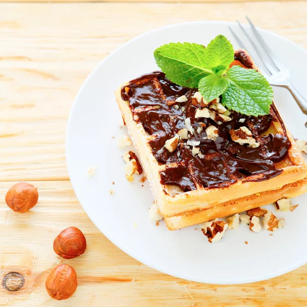 方形甜蜜的华夫饼干配巧克力和坚果 — 图库照片