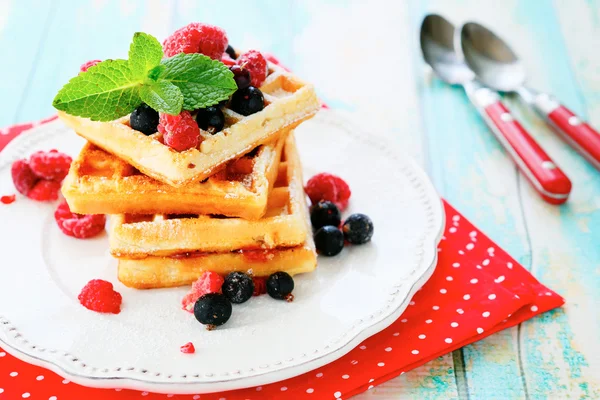 Square sweet waffles with berries — Stock Photo, Image