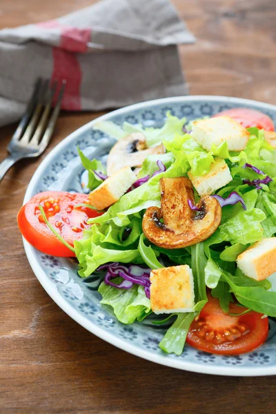 Köstlicher Salat mit Tomaten, Croutons, Pilzen, — Stockfoto