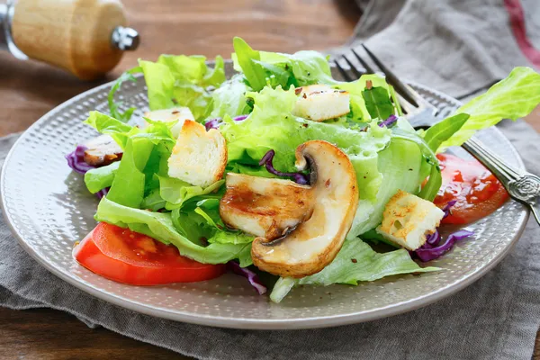 Salad with tomatoes, croutons, mushrooms, — Stock Photo, Image