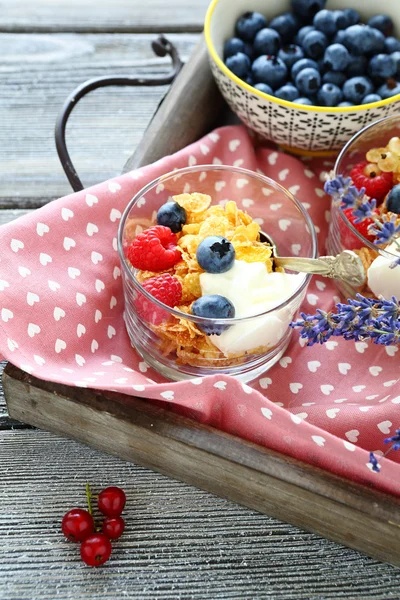 Honey cereal, yogurt and berries for breakfast — Stock Photo, Image