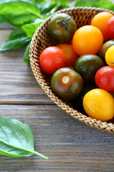 Pequenos tomates coloridos em uma cesta — Fotografia de Stock