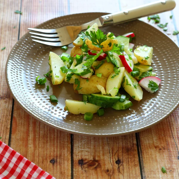 Nieuwe aardappelen in een salade met radijs — Stockfoto