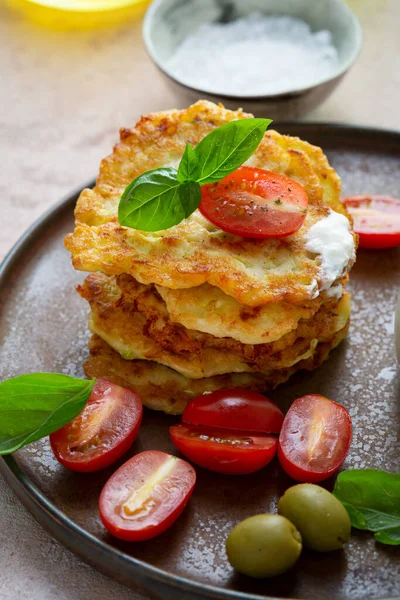 Stack Potatoes Fritters Served Cherry Tomato Olive Plate — Stock Photo, Image
