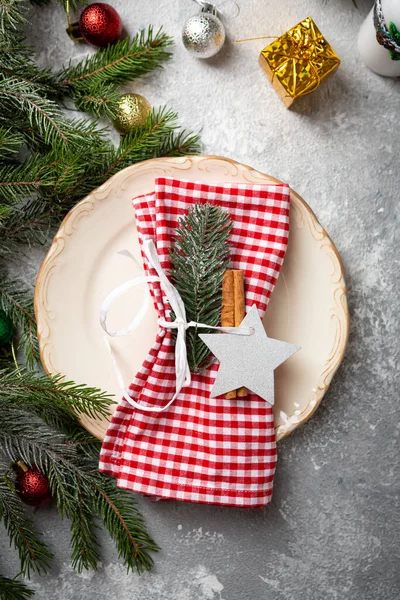 Christmas Table Setting Plate Holiday Concept Overhead View — Stock Photo, Image