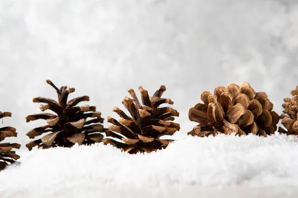 圣诞降雪和关闭自然松果的背景 — 图库照片