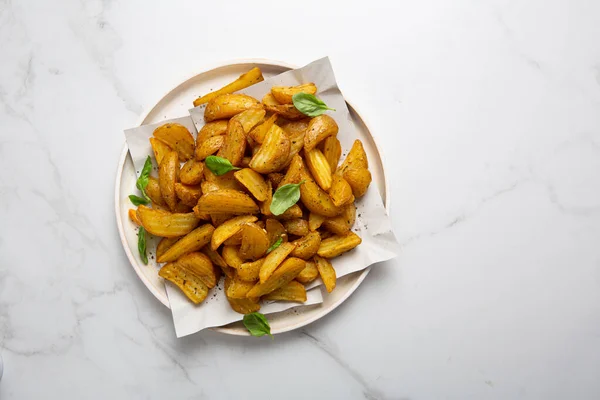 Golden Roasted Potatoes Spice Plate Food — Stock Photo, Image