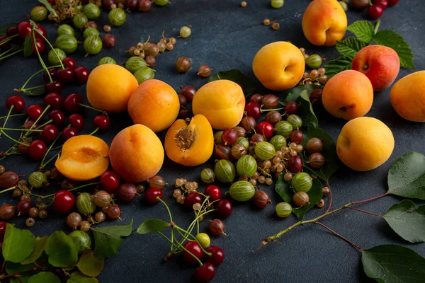关于深色健康食品概念的新鲜夏季水果 杏子和浆果 — 图库照片