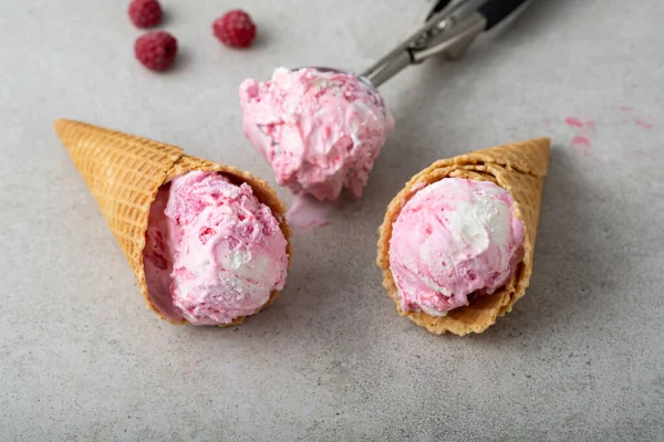 Two Waffles Cones Ice Cream Scoop Spoon Food — Stock Photo, Image