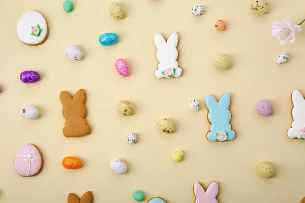 Yellow Easter Eggs Bunny Top View Holiday Concept — Stock Photo, Image