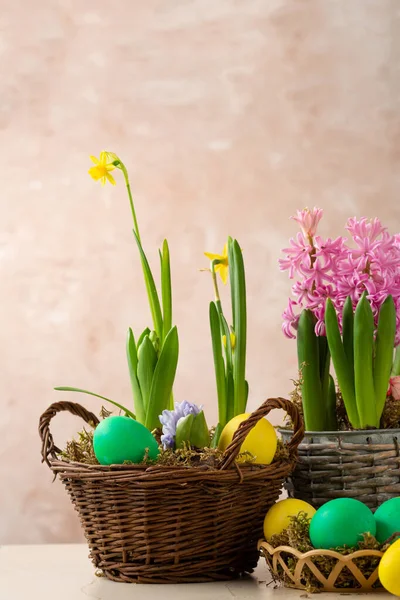 Huevos Pascua Flores Maceta Fondo Primavera — Foto de Stock