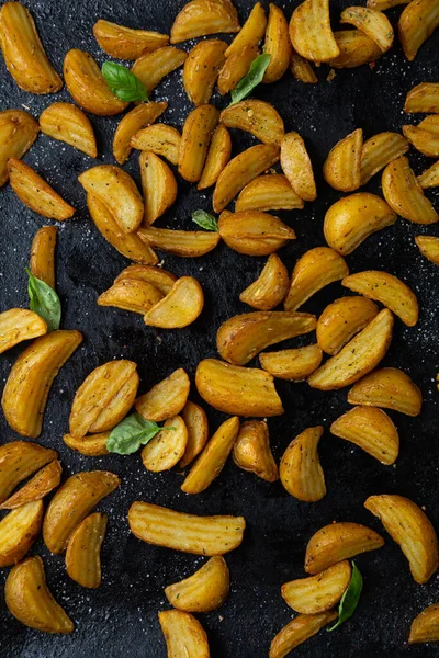 Golden Roasted Potatoes Wedges Baking Tray Food Overhead View — Stock Photo, Image