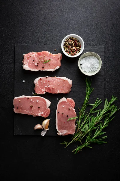 Raw Uncooked Meat Slice Slate Spice Rosemary Top View — Foto de Stock