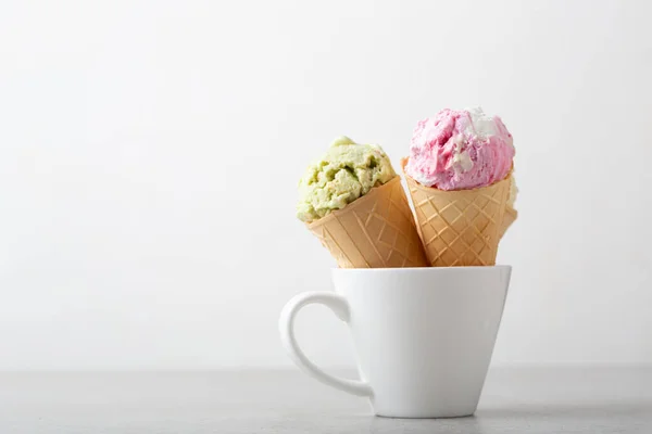 Set Scoops Gelato White Cup Green Pink Vanilla Summer Food — Stock Photo, Image