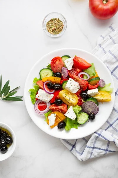 Vue Aérienne Salade Grecque Sur Nourriture Méditerranéenne Surface Légère — Photo