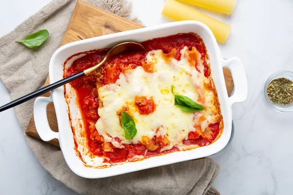 Veduta Aerea Dei Canelloni Della Pasta Forno Italiana Teglia — Foto Stock