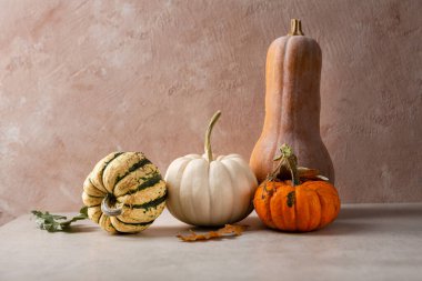 Birkaç balkabağı açık masa üzerinde fotokopi uzayı sonbahar konsepti Şükran Günü