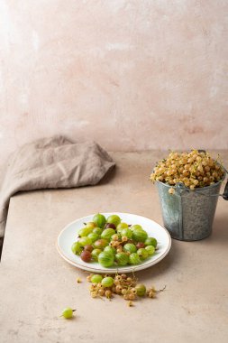 Yaz meyveleri taş masa pastası ve hasat konsepti tekstil kopya alanı tarifi