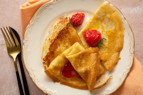 Crepes Con Mermeladas Para Desayuno Comida Vista Superior —  Fotos de Stock