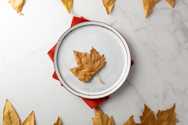 White Plate Top View Leaves Autumn Concept Background — Stok fotoğraf