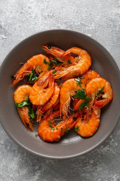 Overhead View Tiger Prawns Bowl Seafood Top — Stock Photo, Image