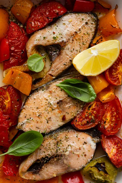 Overhead View Roasted Fish Tomatoes Dish Food Background —  Fotos de Stock