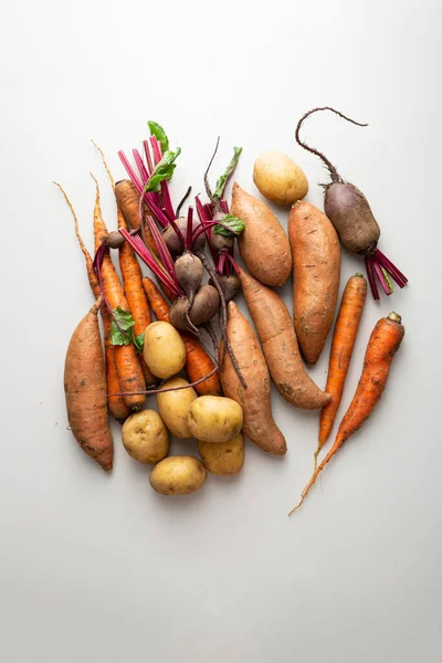 Overhead View Autumn Roots Harvest Potato Yam Carrots — Stockfoto