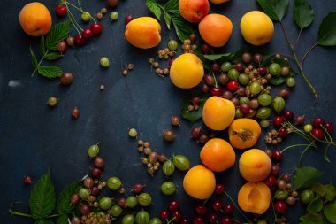 Summer berries cherry apricots on dark surface food background