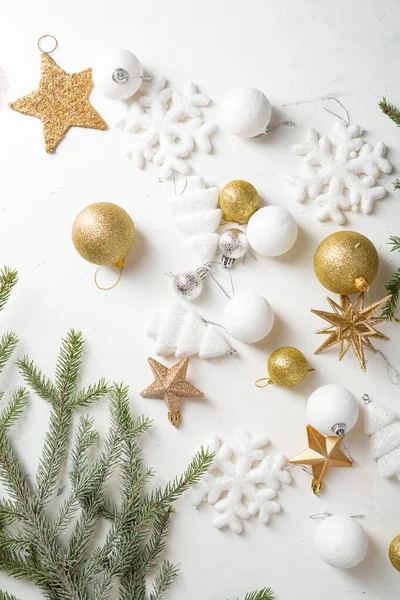 Golden White Christmas Tree Decorations Light Surface Green Branches Top — Stockfoto