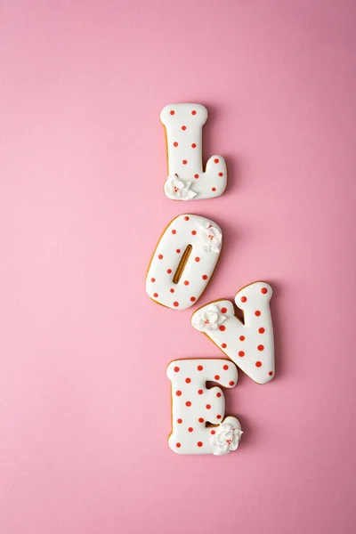 Sweet Cookies Love Holiday Concept Valentine Day Top View Flat — Stock fotografie