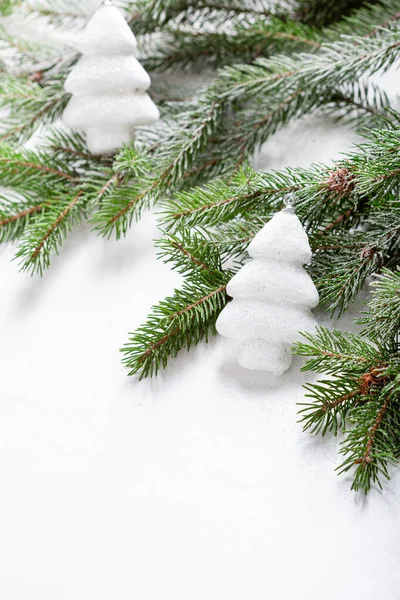 White Christmas Tree Green Branches Light Surface — Foto Stock