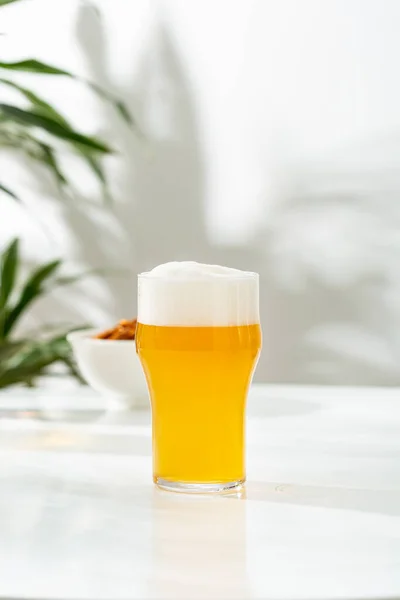 One Glass Beer White Table Food Drink — Stock Photo, Image