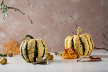 Dekorasyon tatili için iki soyulmuş balkabağı