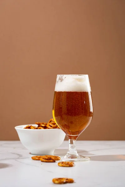 Beer Foam Stemmed Glass Salty Snack — Stock Photo, Image