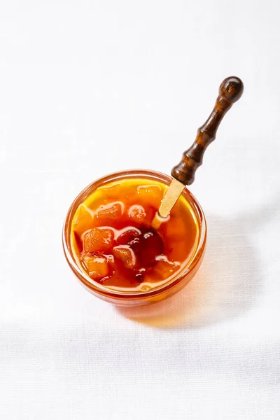 Confiture Fruits Coing Pomme Dans Petit Bol Verre Sur Une — Photo