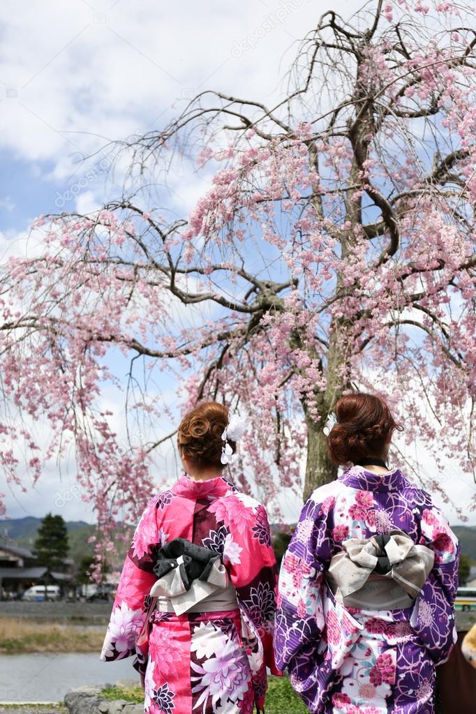 Japanese girl in traditional dress called Kimono with Sakura blo
