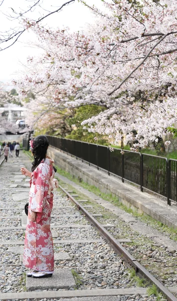 Japanse meisje in klederdracht genaamd kimono met sakura blo — Stockfoto