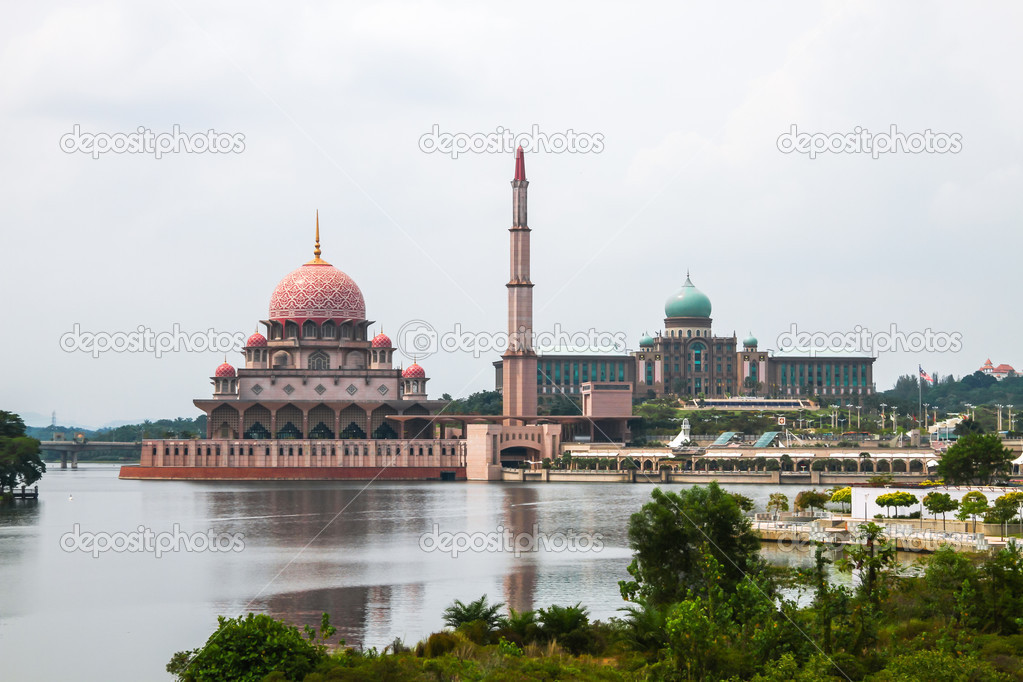 Pink mosque with river
