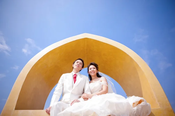 No amor noiva e noivo estão posando em emoção romântica em cima de — Fotografia de Stock