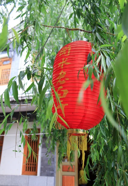 Lanterna estilo chinês tradicional vermelho com folhas verdes — Fotografia de Stock