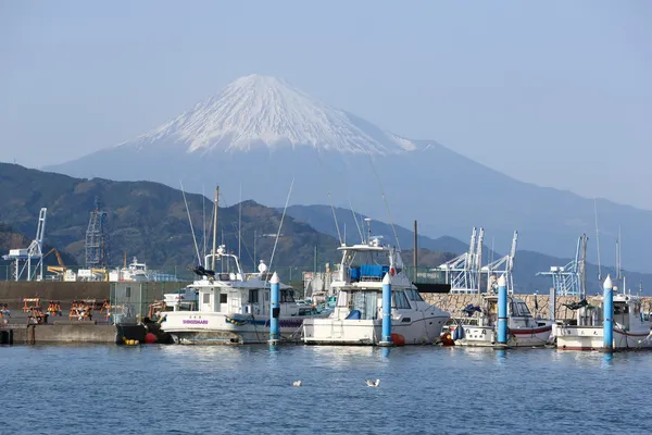 Motorbot shimizu limanında mt. fuji ile arka planda — Stok fotoğraf