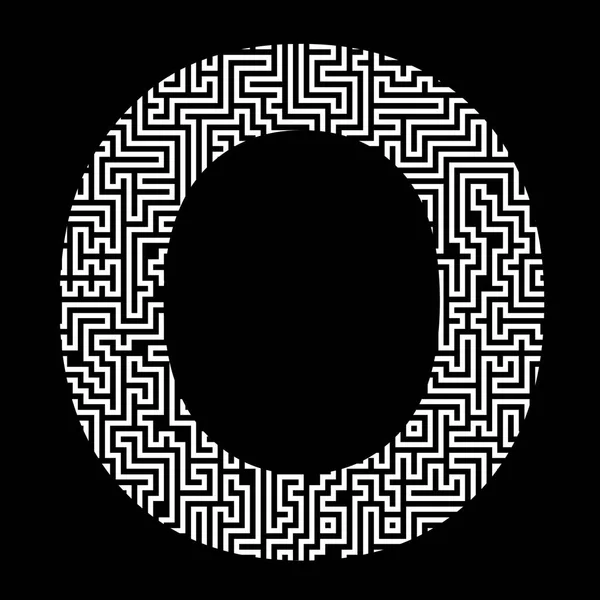 Letter of the Latin (English) alphabet. White letter O composed of a maze pattern, isolated on black background.