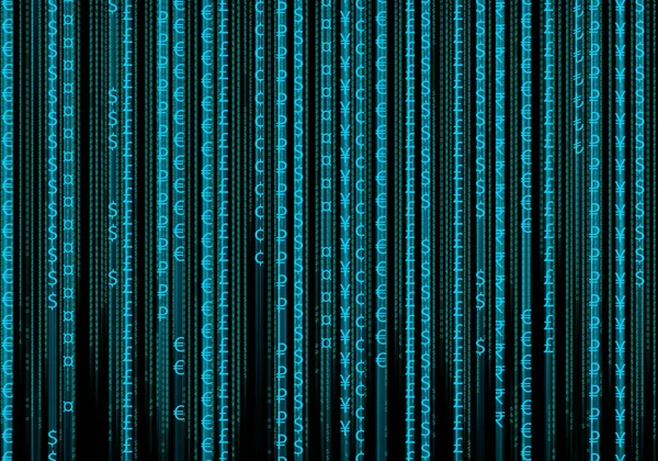 Blue Binary Code Matrix Isolated Black Background Symbols Currencies Different — Stockfoto