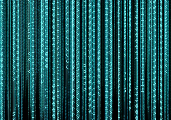 Symbols Currencies Different Countries Blue Binary Code Matrix Isolated Black — Stockfoto