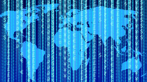 Currency Symbols Form Matrix Binary Code Background Blue World Map — Zdjęcie stockowe