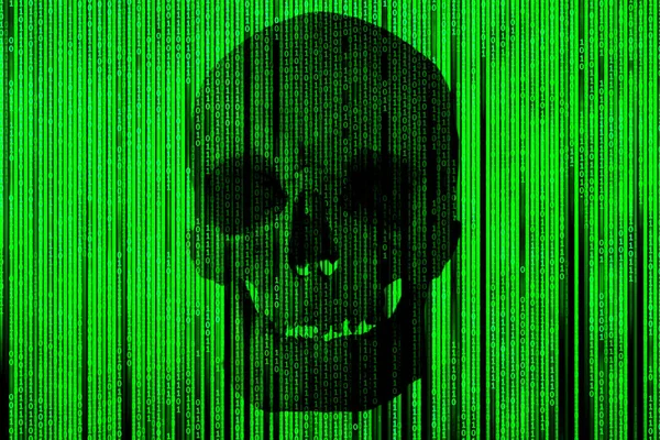 黑暗的骷髅背景下的二进制代码矩阵 信息安全 账户黑客攻击 数字死亡 — 图库照片
