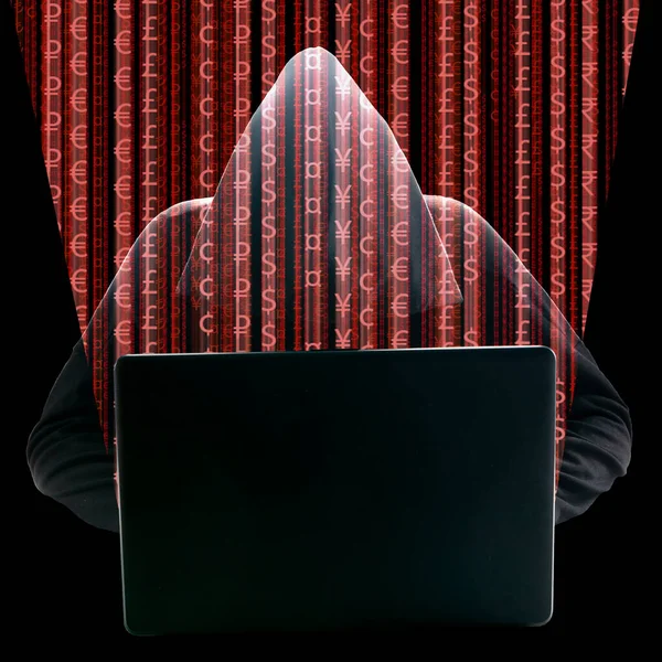 Hacker Mit Laptop Und Rotem Binärcode Isoliert Auf Schwarz Digitaler — Stockfoto