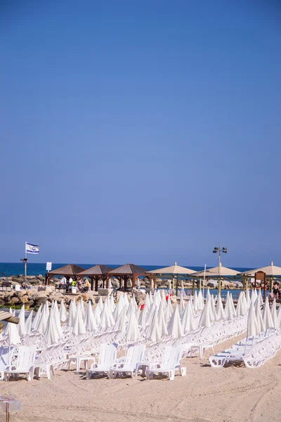 Sombrillas y tumbonas en la arena . — Foto de Stock