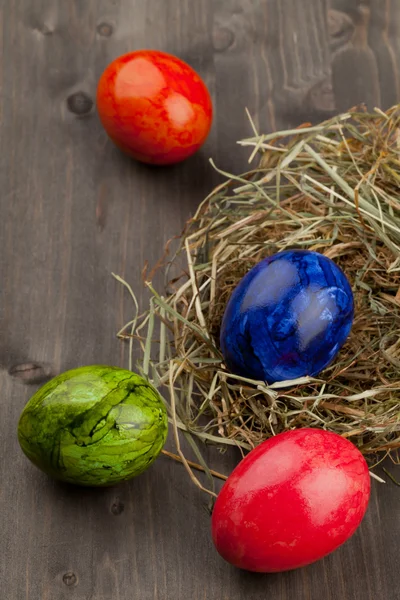 干草的复活节彩蛋在黑暗的树林中筑巢 — 图库照片