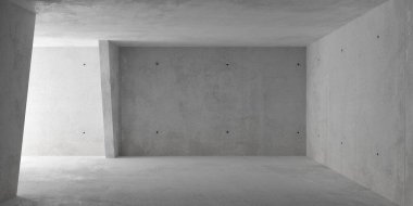 Soyut, boş, modern beton oda çapraz duvarlı ve kaba zemin - endüstriyel iç arka plan şablonu, 3 boyutlu illüstrasyon